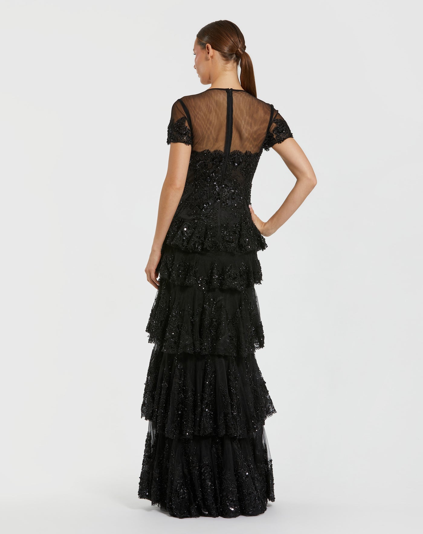 Mac Duggal 21097 - Illusion Neckline Tiered Ruffle Gown In Black
