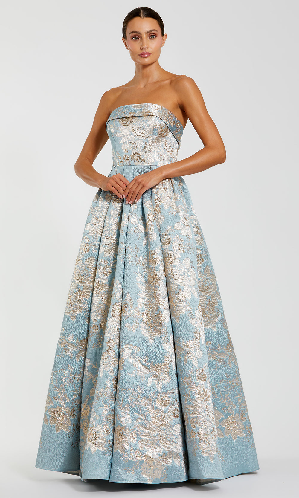 Mac Duggal 21144 - Fold-Over Bodice Strapless Brocade Gown Prom Dresses in Blue and Multi