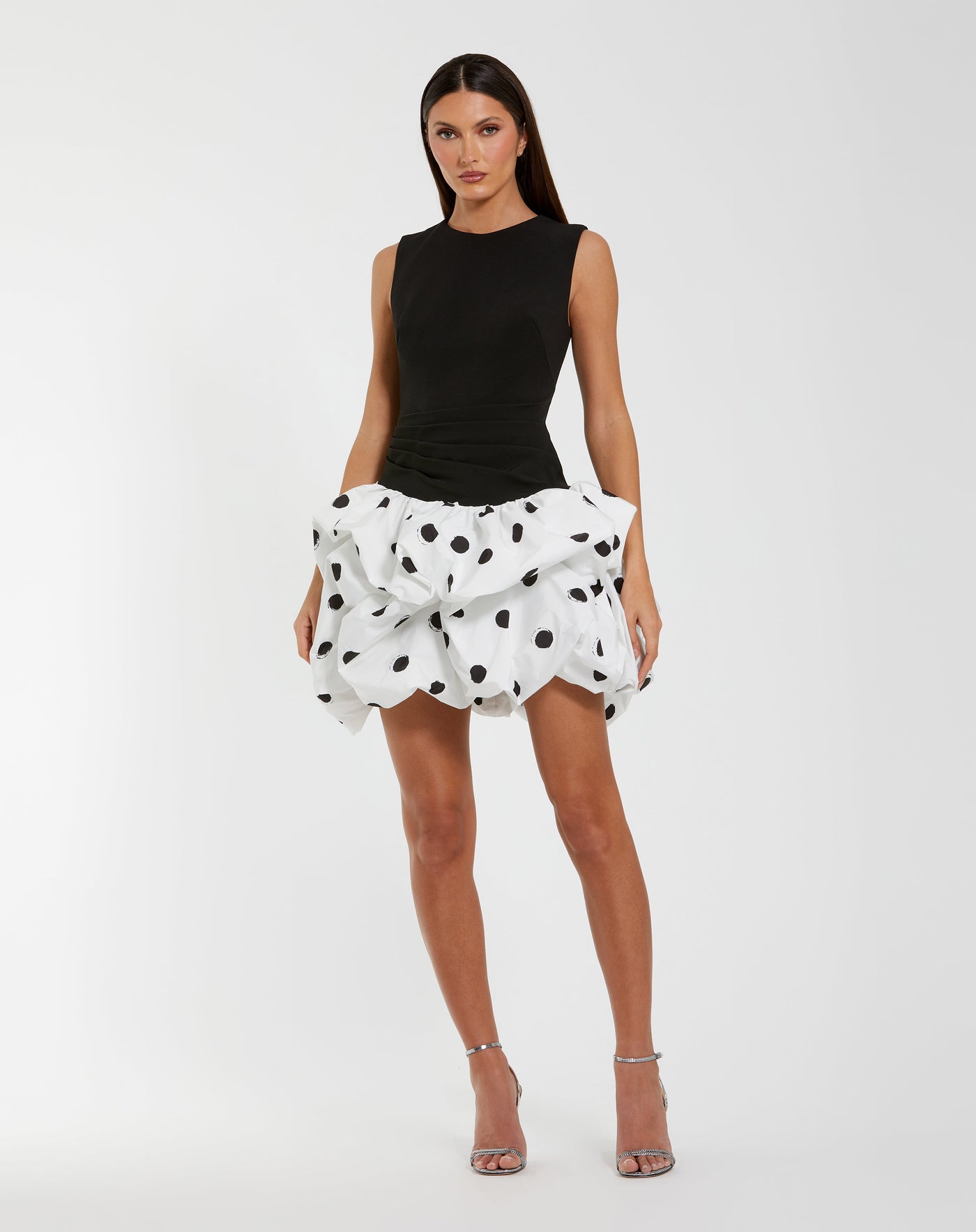 Ieena Duggal 21150 - Sleeveless Mini Dress with Polka Dot Skirt In Black and White