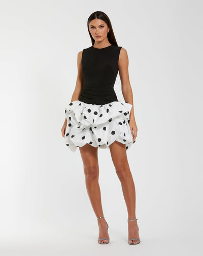 Ieena Duggal 21150 - Sleeveless Mini Dress with Polka Dot Skirt In Black and White