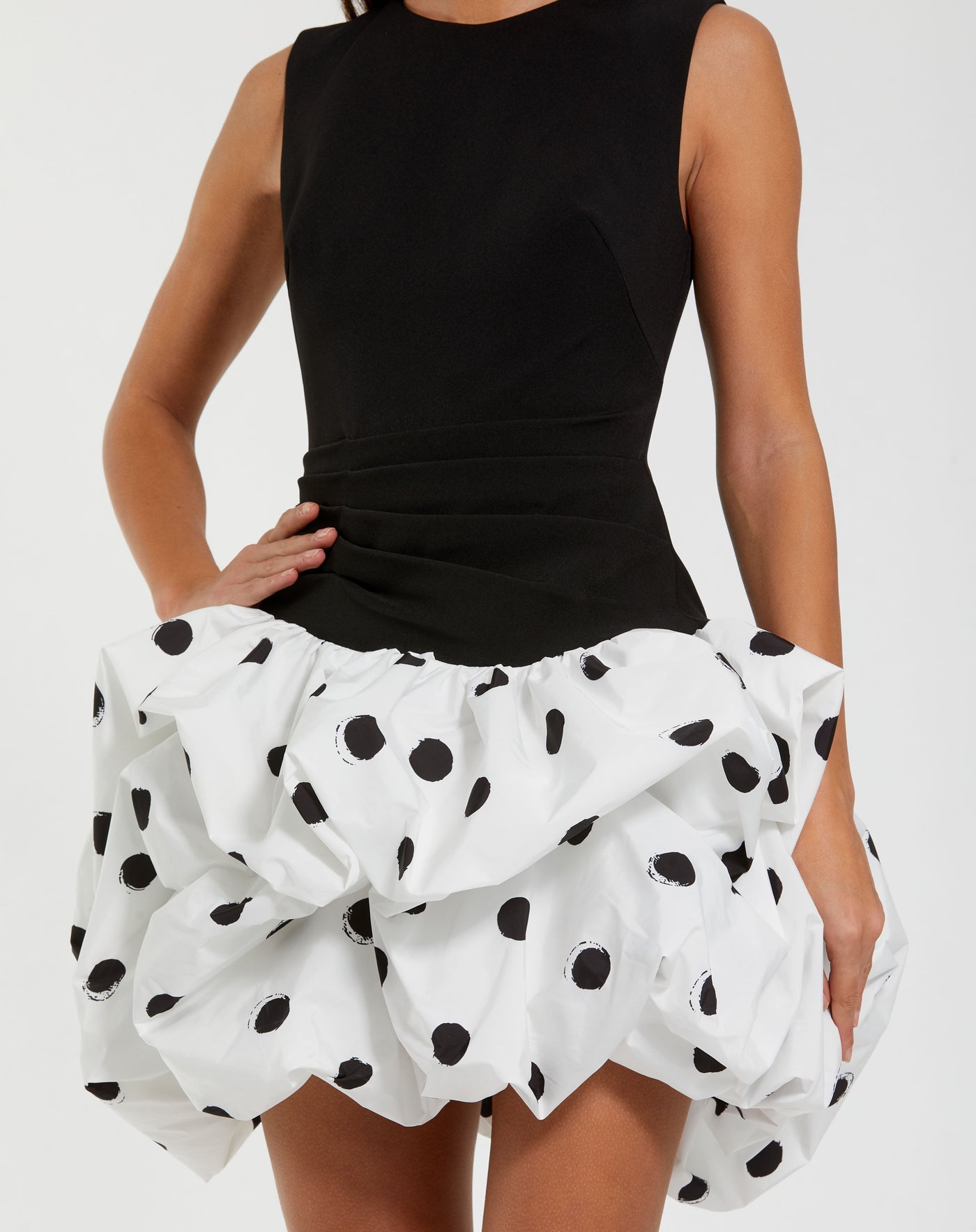Ieena Duggal 21150 - Sleeveless Mini Dress with Polka Dot Skirt In Black and White