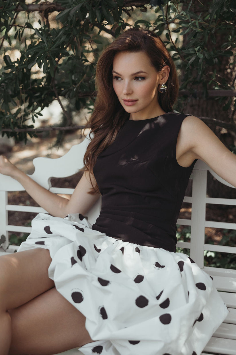 Ieena Duggal 21150 - Sleeveless Mini Dress with Polka Dot Skirt In Black and White