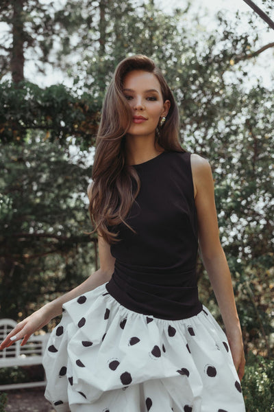 Ieena Duggal 21150 - Sleeveless Mini Dress with Polka Dot Skirt In Black and White