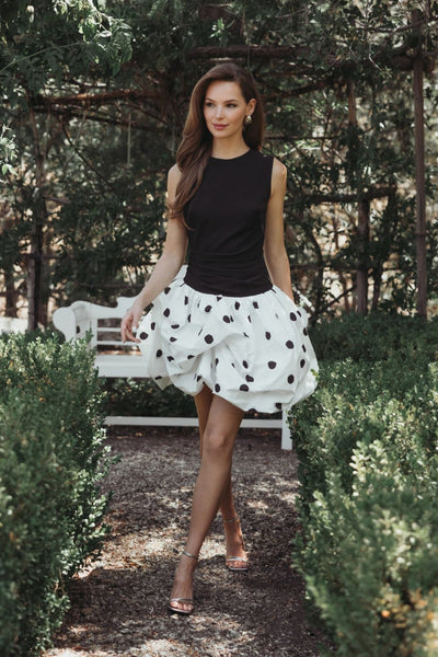 Ieena Duggal 21150 - Sleeveless Mini Dress with Polka Dot Skirt In Black and White