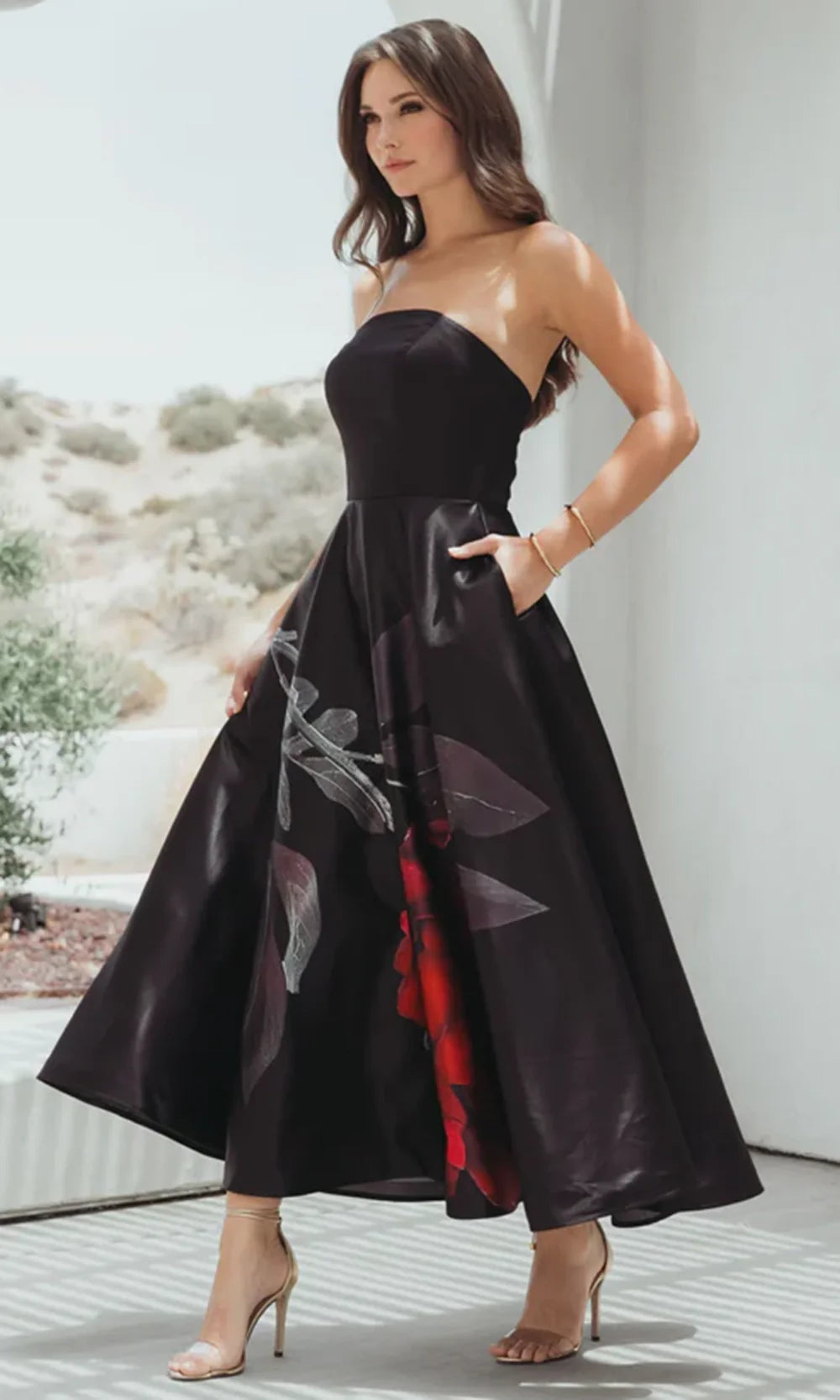 Mac Duggal 21152 - Printed Crepe Straight Neckline Midi Dress Holiday Dresses