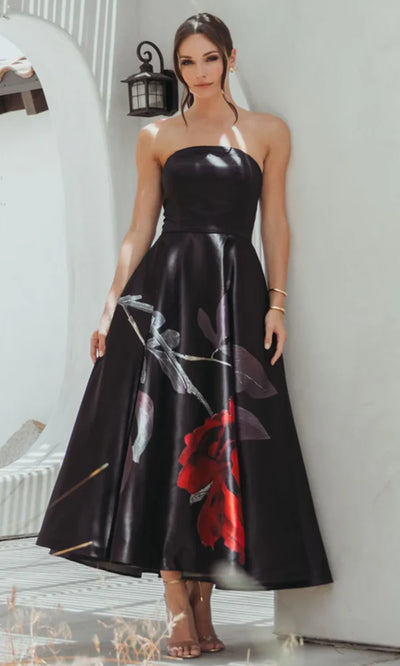 Mac Duggal 21152 - Printed Crepe Straight Neckline Midi Dress Holiday Dresses