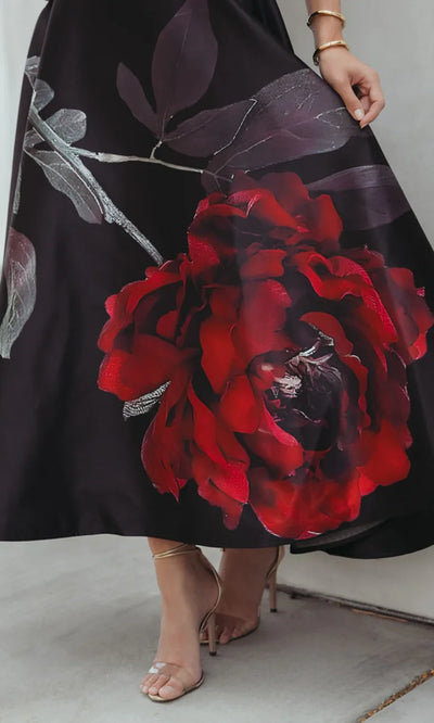 Mac Duggal 21152 - Printed Crepe Straight Neckline Midi Dress Holiday Dresses