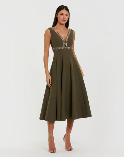 Mac Duggal 21159 - V-Neck Rhinestone Embellished Tea-Length Dress In Green