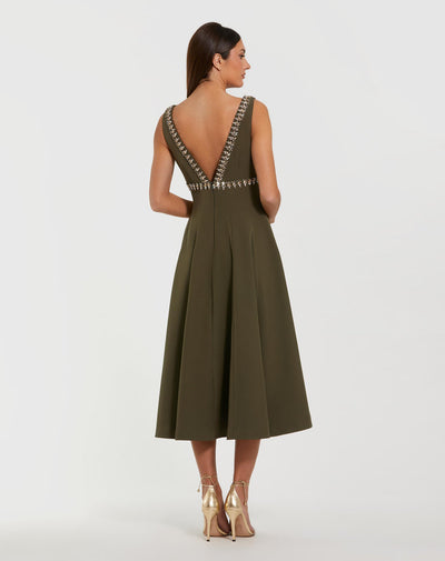 Mac Duggal 21159 - V-Neck Rhinestone Embellished Tea-Length Dress In Green