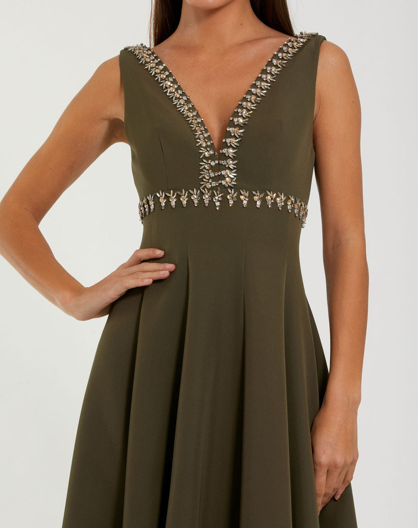 Mac Duggal 21159 - V-Neck Rhinestone Embellished Tea-Length Dress In Green