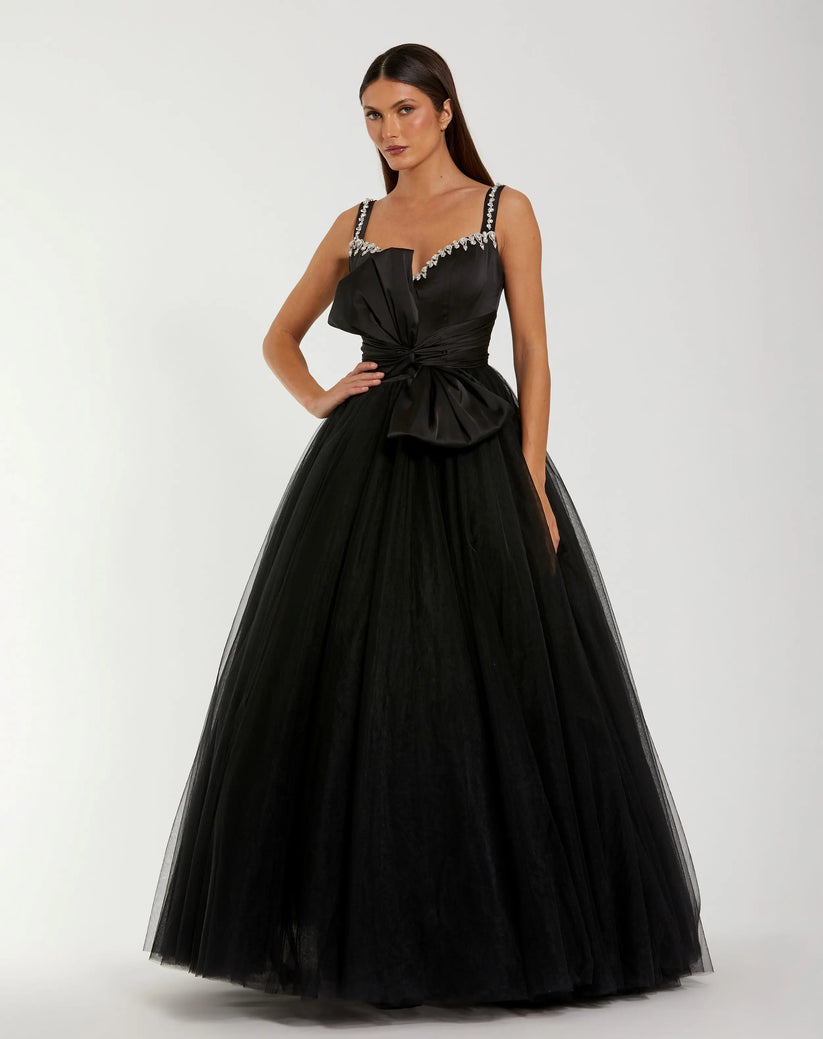 Ieena Duggal 21161 - Bow Waist Embellished Tulle Evening Gown Prom Dresses in Black