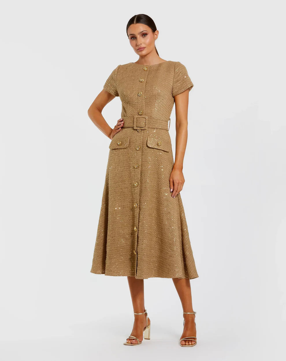 Mac Duggal 21166 - Belted Boucle Cap Sleeve Dress