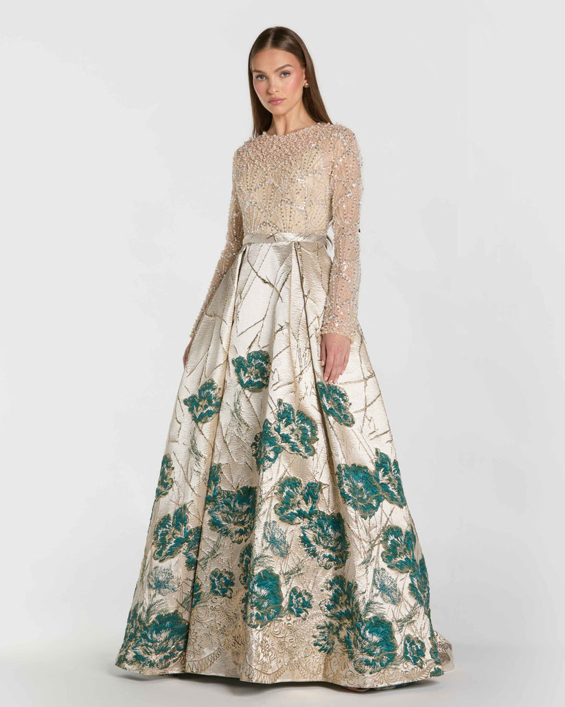 Mac Duggal 21182 - Floral Brocade Jewel Evening Ballgown Ball Gowns in Neutral and Blue