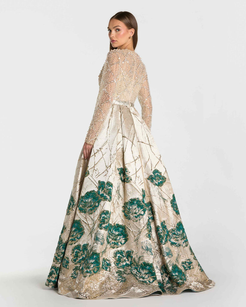 Mac Duggal 21182 - Floral Brocade Jewel Evening Ballgown Ball Gowns in Neutral and Blue