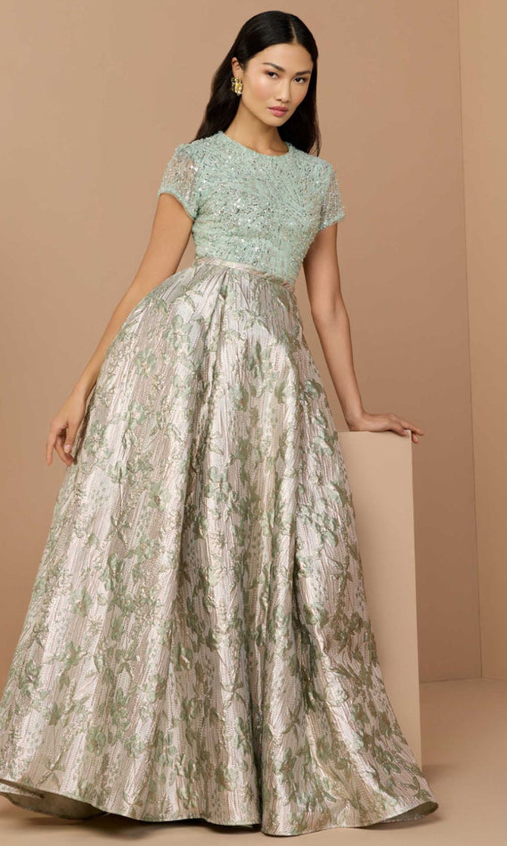 Mac Duggal 21183 - Embellished Cap Sleeve Jacquard Gown Mother of the Bride Dresses in Green
