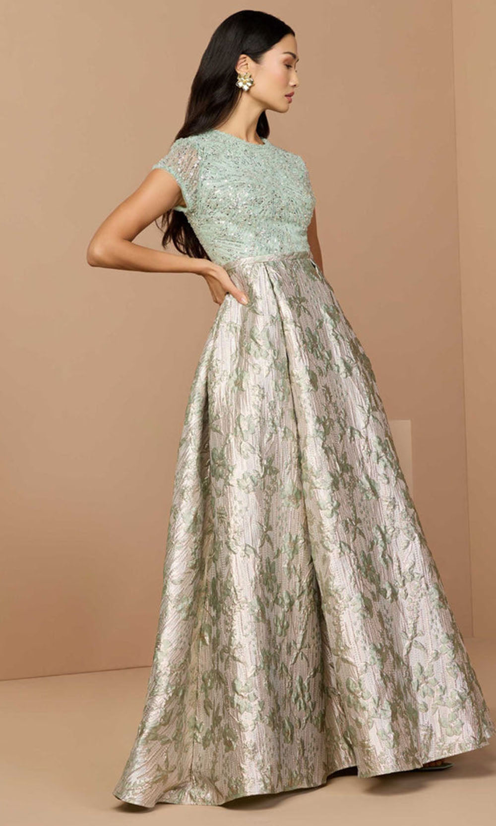Mac Duggal 21183 - Embellished Cap Sleeve Jacquard Gown Mother of the Bride Dresses in Green