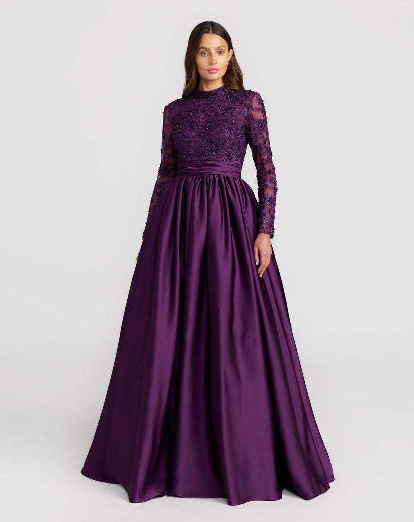 Mac Duggal 21189 - Embroidered Top High Neck Ballgown Ball Gowns in Purple