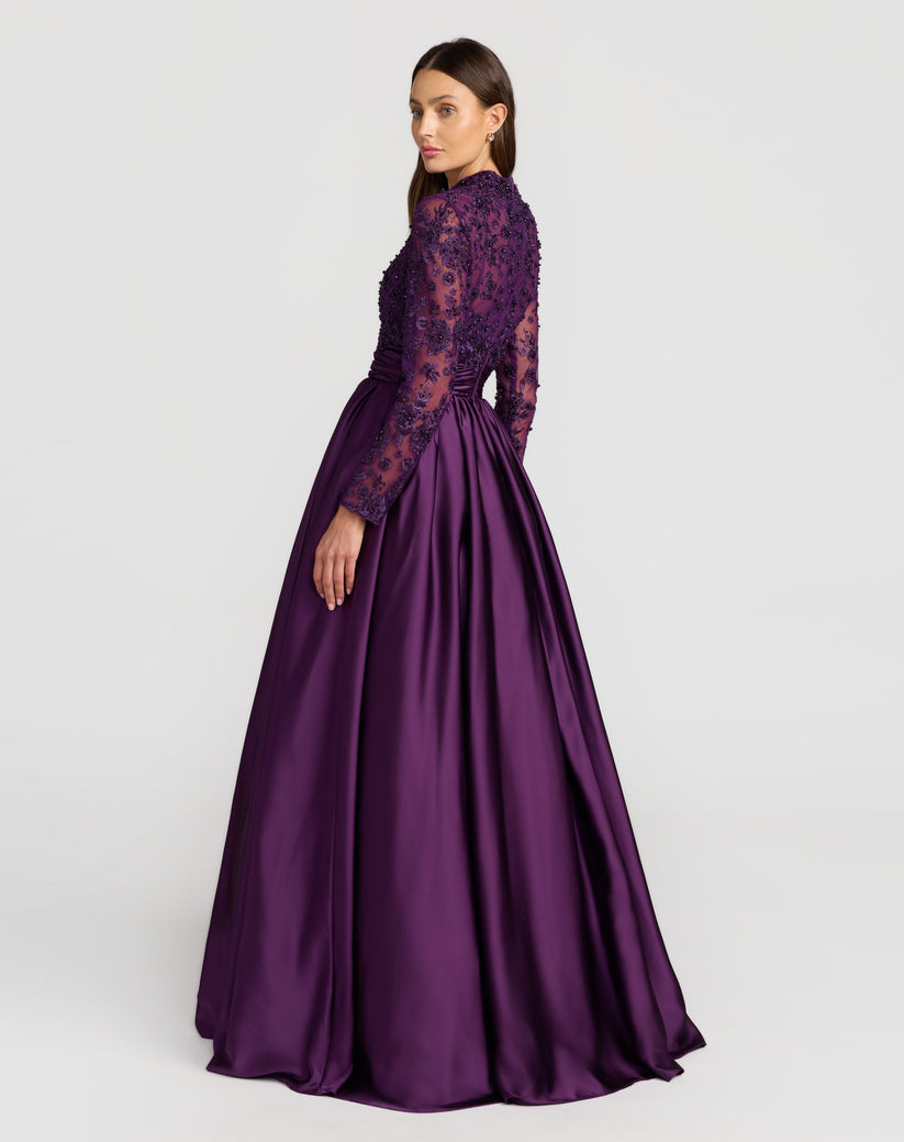 Mac Duggal 21189 - Embroidered Top High Neck Ballgown Ball Gowns in Purple