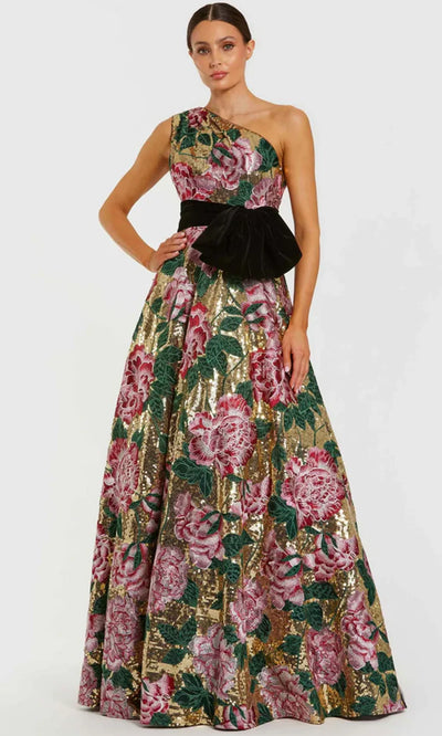 Mac Duggal 21194 - Sequin Floral Asymmetric Gown with Velvet Bow Ball Gowns