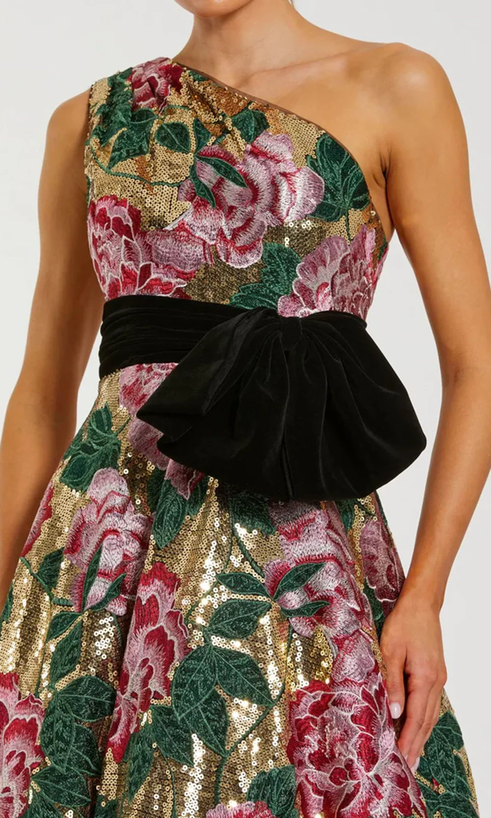 Mac Duggal 21194 - Sequin Floral Asymmetric Gown with Velvet Bow Ball Gowns