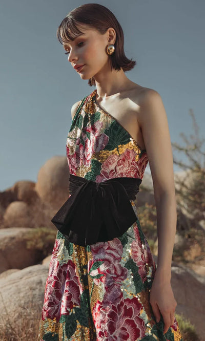 Mac Duggal 21194 - Sequin Floral Asymmetric Gown with Velvet Bow Ball Gowns