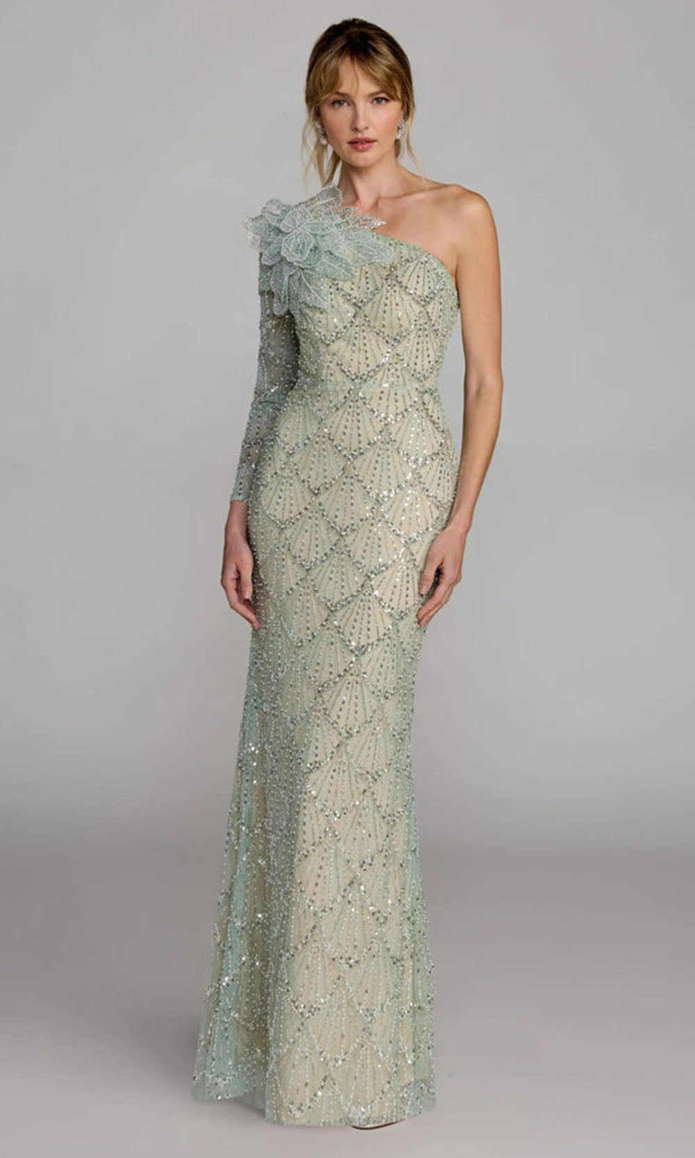 Mac Duggal 21203 - Column Asymmetric Beaded Long Dress Mother of the Bride Dresses in Green