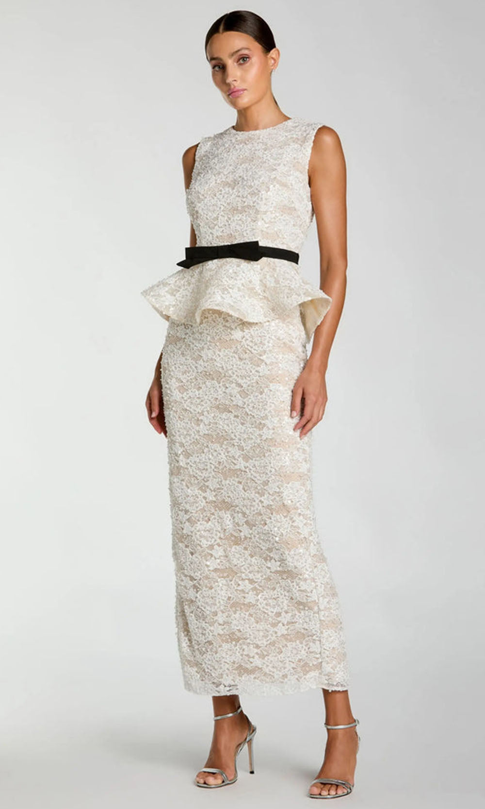 Ieena Duggal 21228 - Lace Bodice Jewel Neck Dress with Back Slit Formal Gowns in White and Neutral