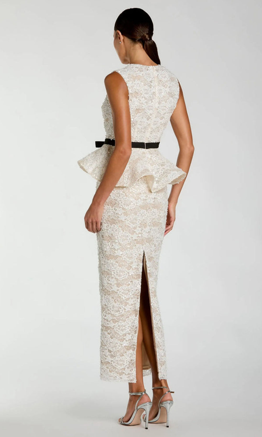 Ieena Duggal 21228 - Lace Bodice Jewel Neck Dress with Back Slit Formal Gowns in White and Neutral