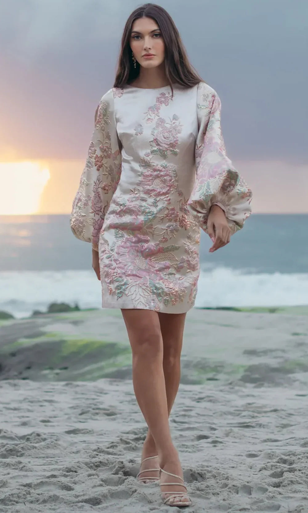 Mac Duggal 21256 - Jewel Neck Floral Texture Mini Dress Cocktail Dresses in Neutral and Multi