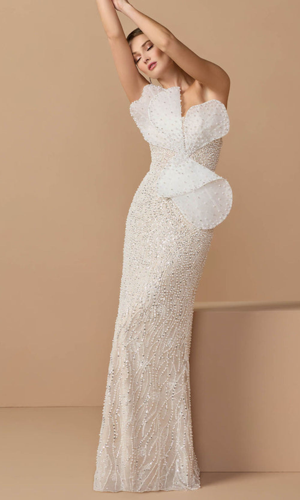 Mac Duggal 21275 - 3D Organza Applique Column Formal Gown Formal Gowns in In Ivory Nude