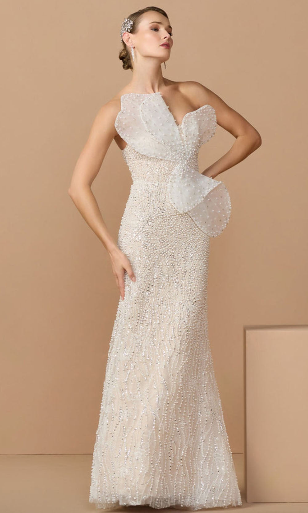Mac Duggal 21275 - 3D Organza Applique Column Formal Gown Formal Gowns in In Ivory Nude