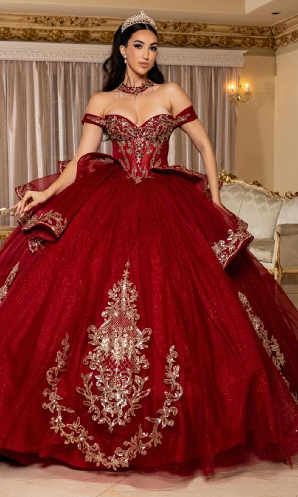May Queen LK303 - Off Shoulder Embroidered Ballgown Quinceanera Dresses in Red 
