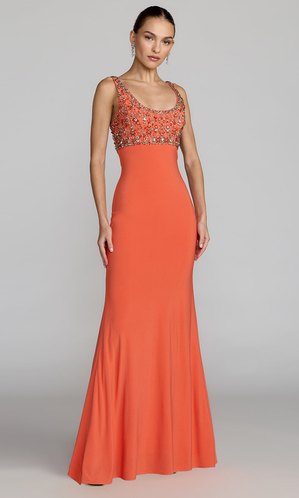 Ieena Duggal 2253 - Scoop Empire Waist Long Gown Prom Dresses in Coral  