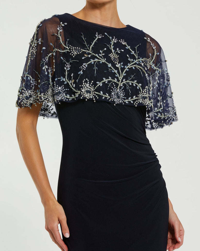 Mac Duggal 2257 - Beaded Cape Long Fitted Gown In Blue