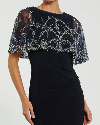 Mac Duggal 2257 - Beaded Cape Long Fitted Gown In Blue