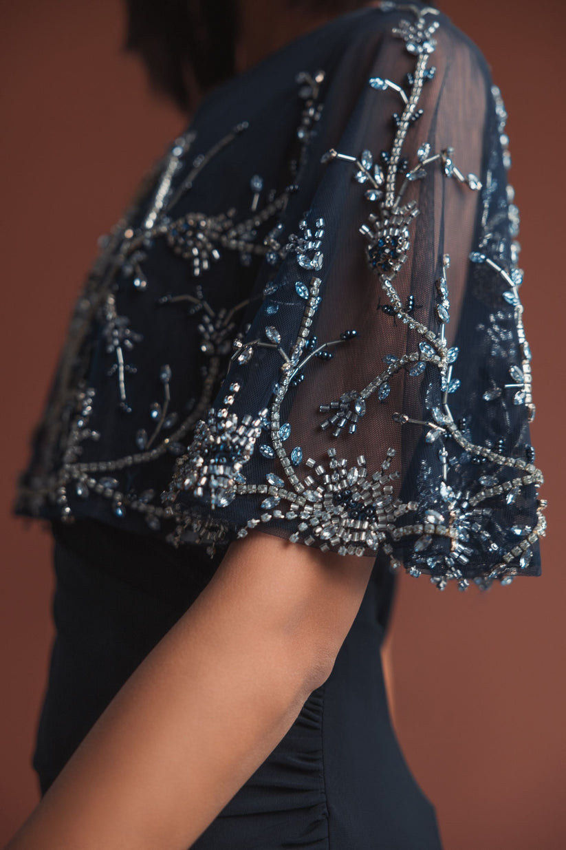 Mac Duggal 2257 - Beaded Cape Long Fitted Gown In Blue