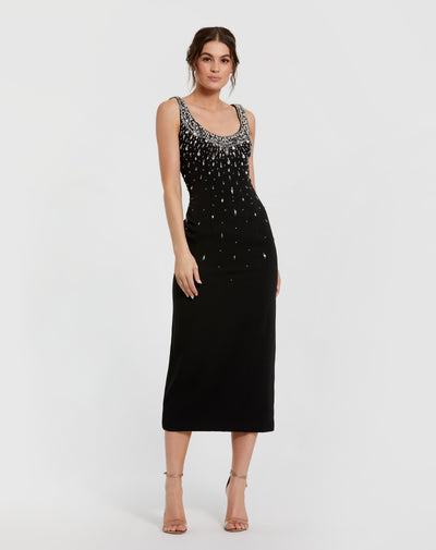 Ieena Duggal 2259 - Beaded Scoop Neckline Midi Dress In Black