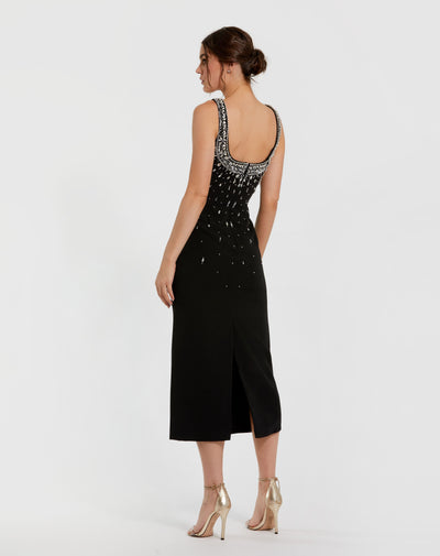 Ieena Duggal 2259 - Beaded Scoop Neckline Midi Dress In Black