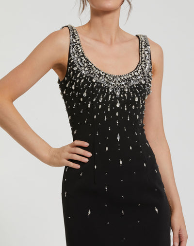 Ieena Duggal 2259 - Beaded Scoop Neckline Midi Dress In Black