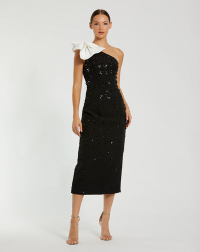 Ieena Duggal 2280 - One Shoulder Midi Dress with Bow In Black and White
