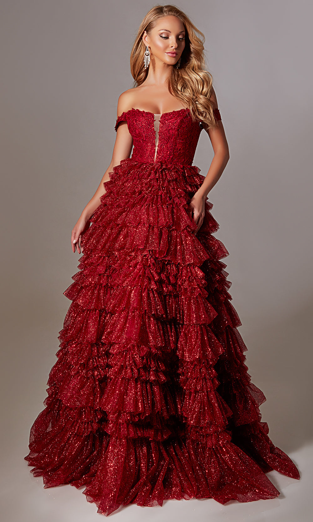 Aerie Couture 228 - Off-Shoulder Corset Gown with Tiered Skirt Prom Dresses