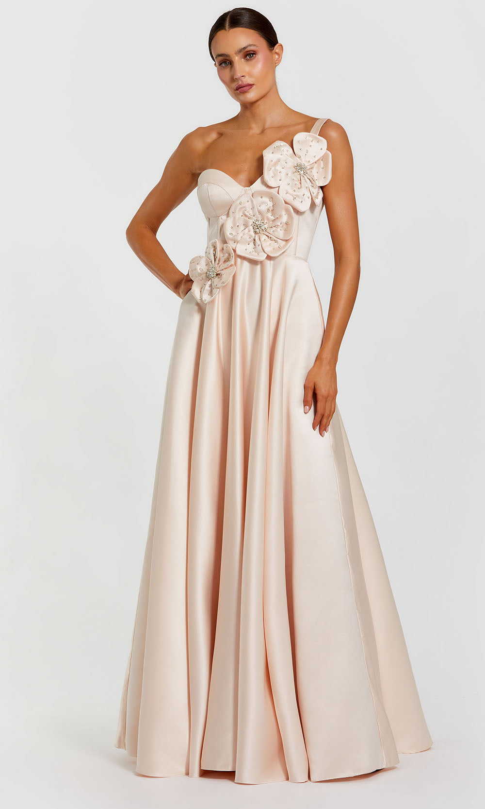Ieena Duggal 2292 - Asymmetric Satin Prom Gown with 3D Floral Accent Prom Dresses in Oyster