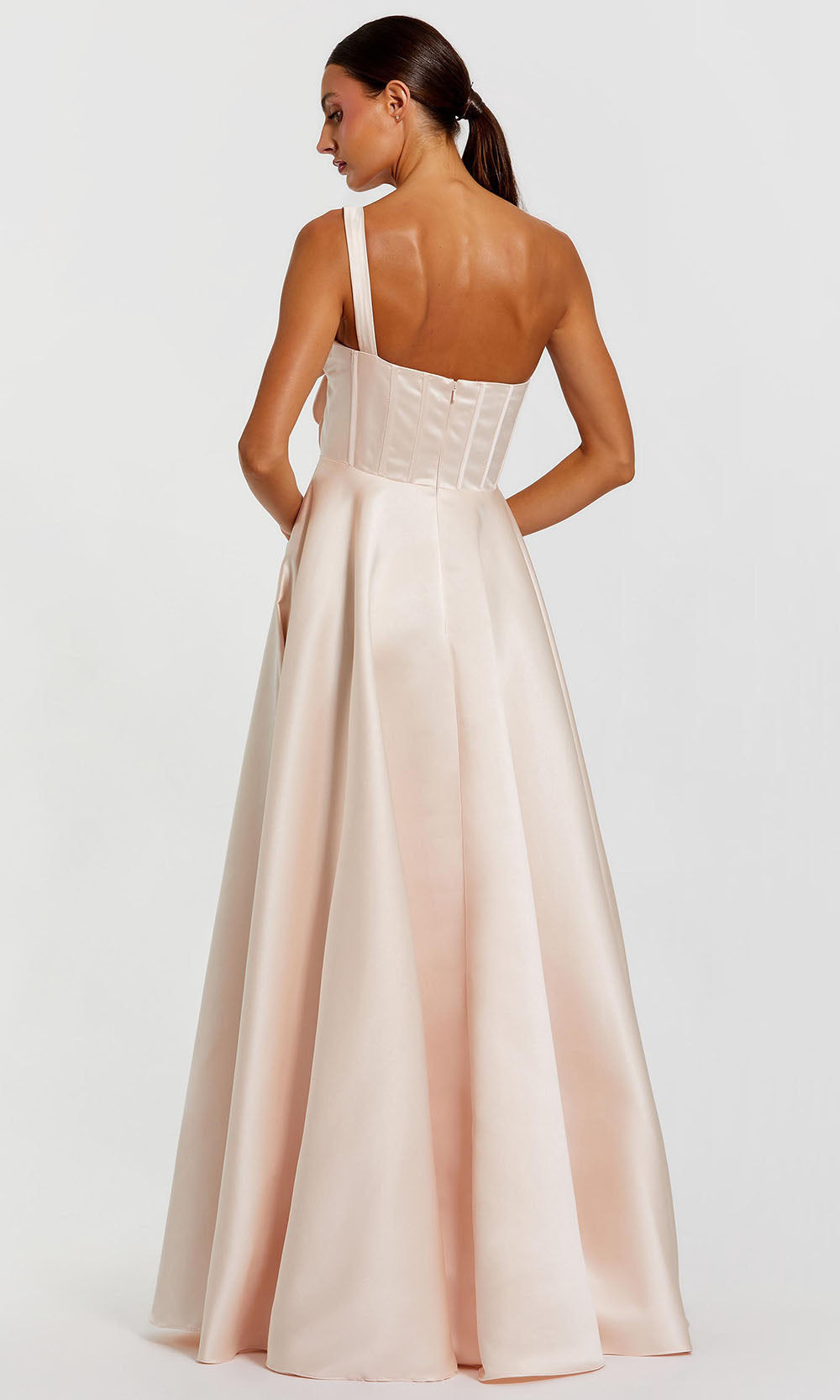 Ieena Duggal 2292 - Asymmetric Satin Prom Gown with 3D Floral Accent Prom Dresses in Oyster