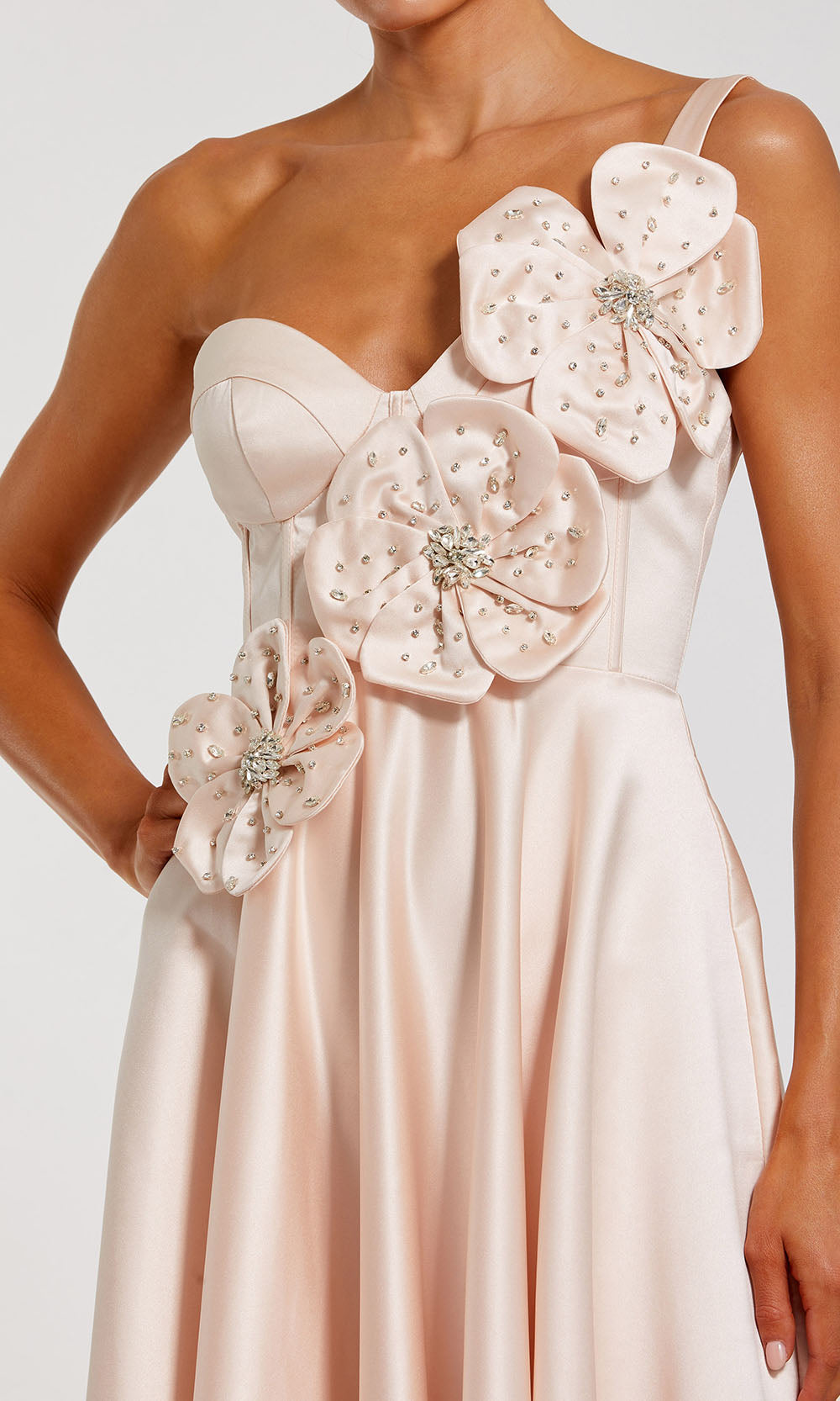 Ieena Duggal 2292 - Asymmetric Satin Prom Gown with 3D Floral Accent Prom Dresses in Oyster