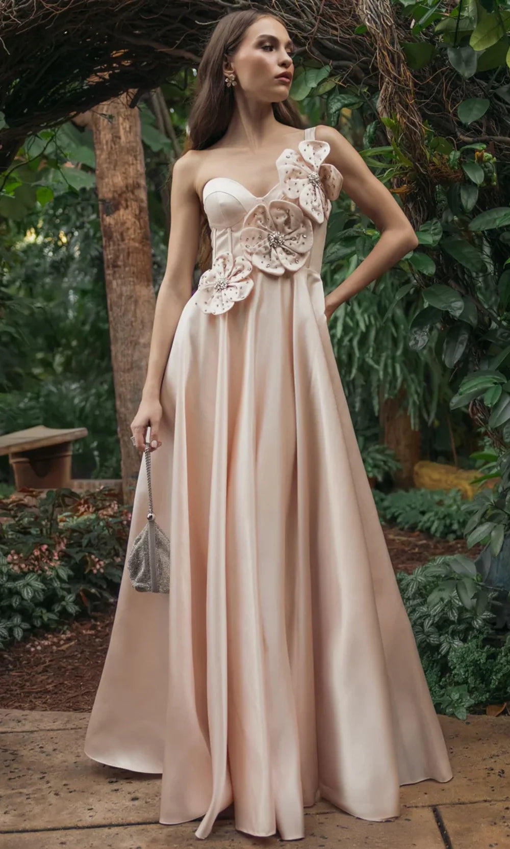 Ieena Duggal 2292 - Asymmetric Satin Prom Gown with 3D Floral Accent Prom Dresses in Oyster