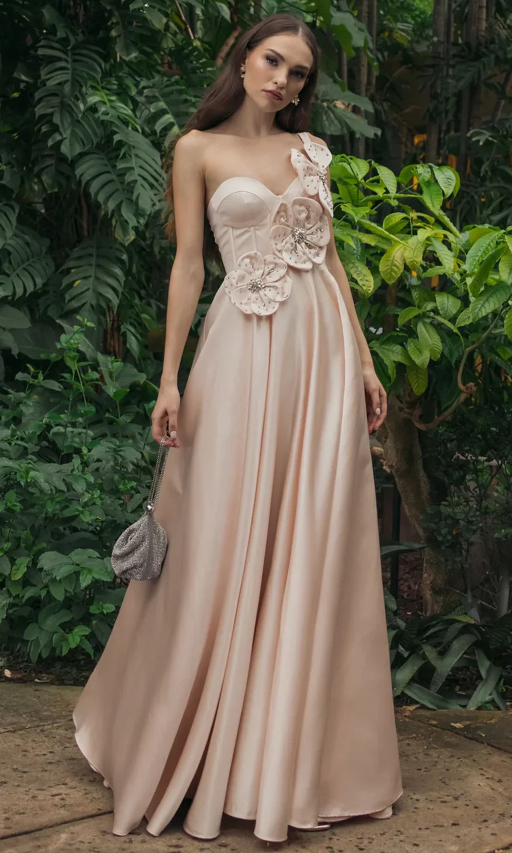 Ieena Duggal 2292 - Asymmetric Satin Prom Gown with 3D Floral Accent Prom Dresses in Oyster