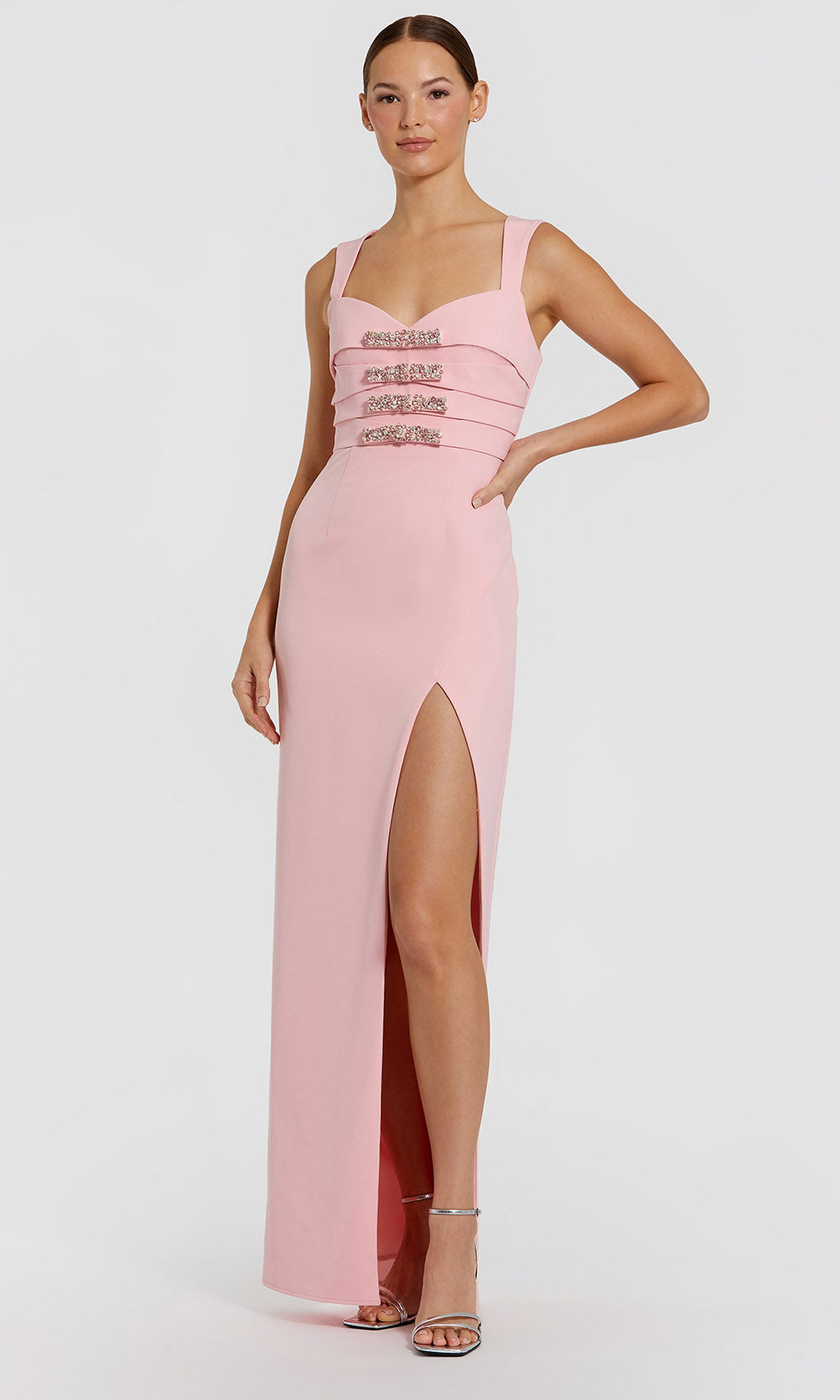 Ieena Duggal 2293 - Rhinestone Bow Column Evening Gown Prom Dresses in Blush  