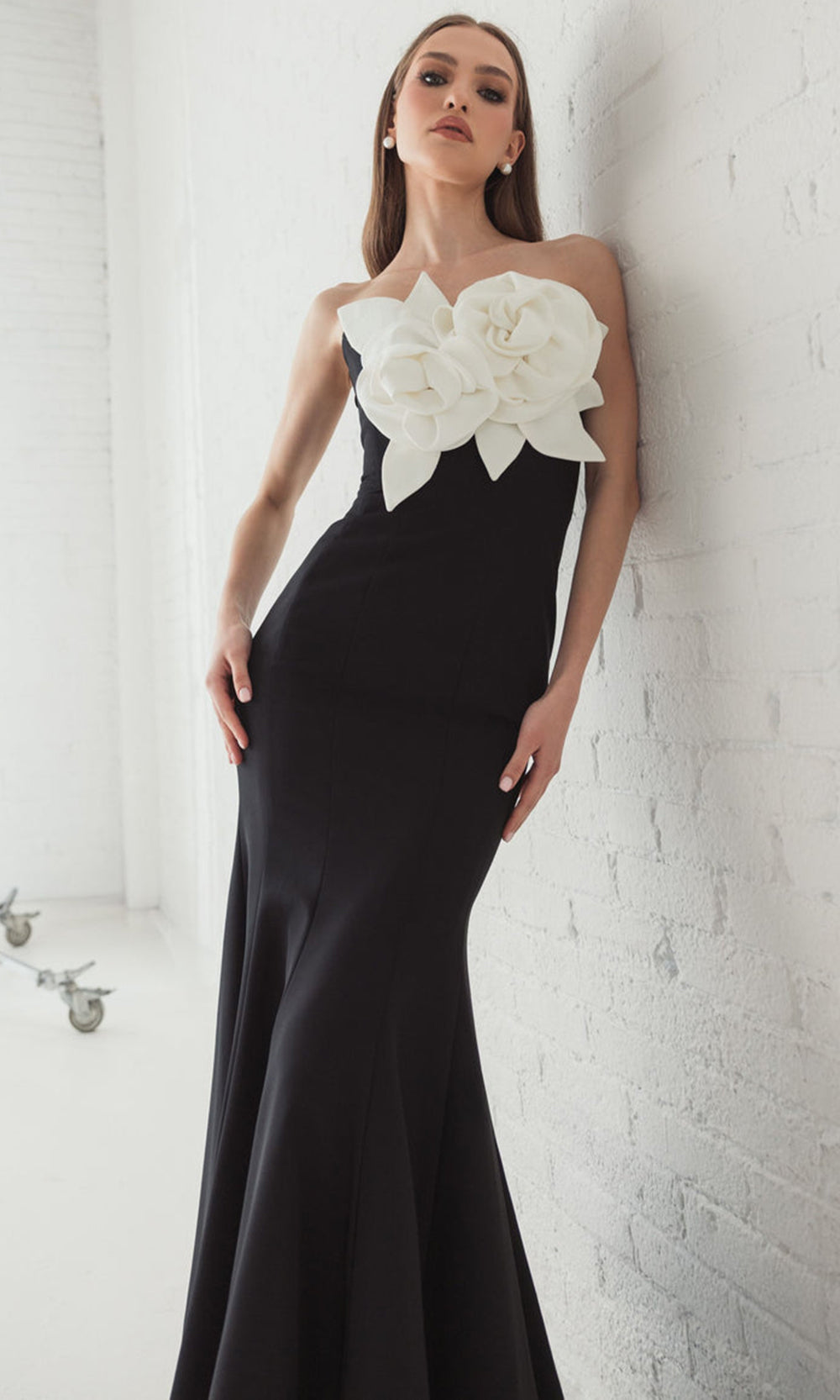 Ieena Duggal 2300 - 3D Floral Detail Straight Neckline Gown Prom Dresses