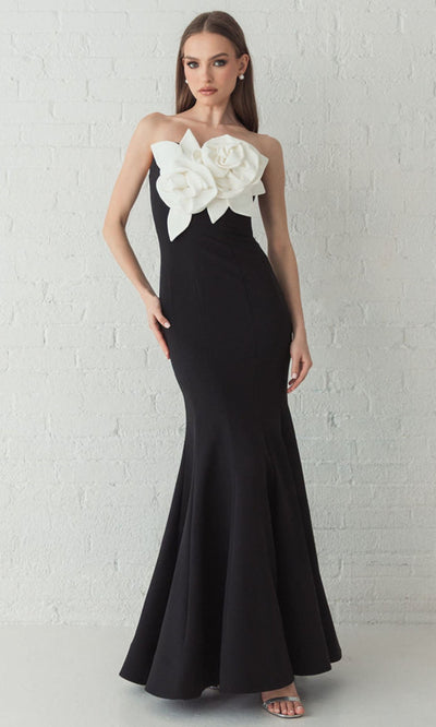Ieena Duggal 2300 - 3D Floral Detail Straight Neckline Gown Prom Dresses
