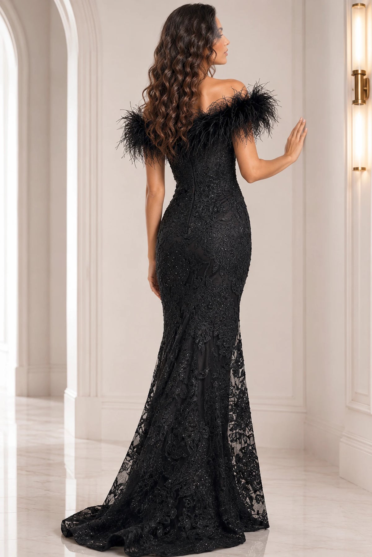 Jovani 23030 - Feathered Lace Evening Dress